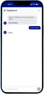 A mobile chat screenshot showing an AI-powered chatbot (TaskFlow AI) providing Data Analytics reports via natural language.