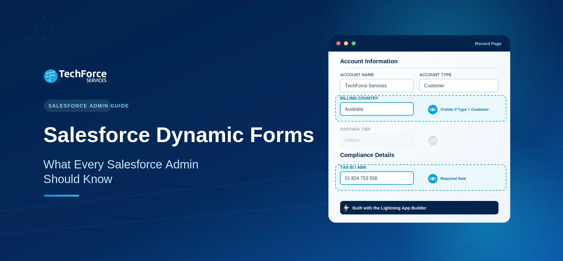 Salesforce Dynamic Forms guide hero image showing a Lightning App Builder record page with a visibility rules panel.